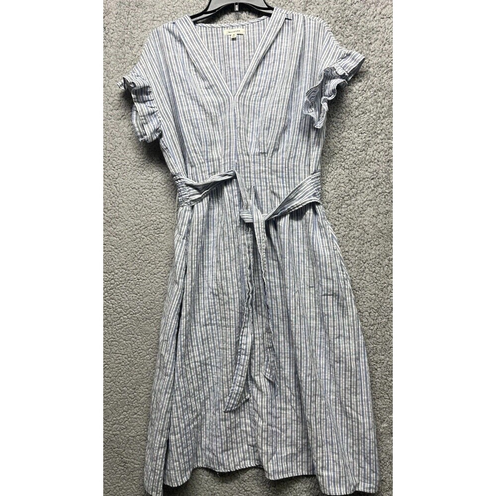 Max Studio Tie Front Dress Blue/White Striped Smocked Woman Size M